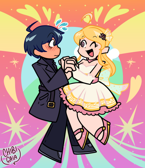 chibigaia-art:  saimatsu in the paswg style for funsiesif i had to include them in the au, kaede would be an angel sent to check on miu, and she accidentally falls in love with k1-b0′s human friend, local detective shuichi :’)