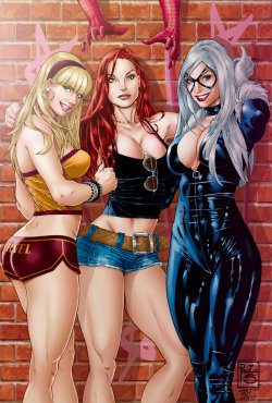 superheropinups:  Spider Girls - Paolo Siqueira Gwen Stacy, Mary Jane Watson, Felicia Hardy 