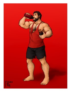 gigaartbyothers:  Ash found a note in his locker at the gym. “Locker 34. 26-50-4. Best bulking formula you’ll ever get. No bull!” Curious, he opened the locker to find a thermos. With a shrug, he chugged it down.  Ash looked on in amazement. Like