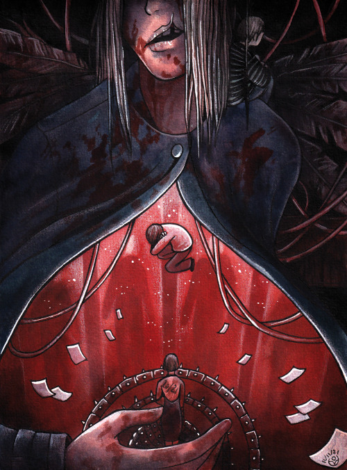 johannesviii:[Image: Silent Hill 4 fanart in watercolor. Surreal image of Walter’s corpse, with his trenchcoat opened and used as a frame for an abstract red space where Eileen is standing in front of an armillary sphere, Henry floating above it, and