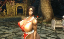 rebisdungeon:  Mai in my Skyrim! For my hobby time, I made NPC themed on Mai Shiranui! I used Mai Clothes MOD CB++ with my Custom Preset, and made her face with ECE, then use its face for NPC with CK and Nifskope. Maya, Mai, Cattleya… Oh there are some