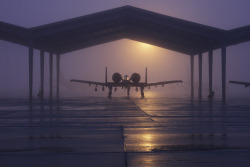soldierporn:  My endless love. An A-10 Thunderbolt II from the 107th Fighter Squadron is parked beneath a shelter on a foggy morning at Selfridge Air National Guard Base, Michigan. (U.S. Air National Guard photo by TSgt. Robert Hanet, 11 JAN 2014.)