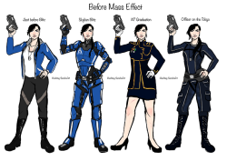 hashtag-sarahsart:Heres Miranda Shepard’s closet up until the end of Mass Effect 1! now just to do… ME2, ME3(which is easily the most outfit abundant) and Post War Sheps! She is my 6 foot tall buff soldier wife and I love her.