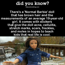 did-you-kno:  There’s a ‘Normal Barbie’ doll that has brown hair and the measurements of an average 19-year-old girl. It comes with stickers that give the doll acne, cellulite, stretch marks, scars, freckles, and moles in hopes to teach kids that