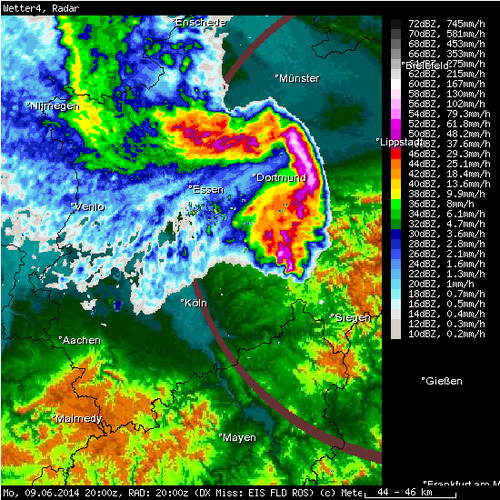Radar capture of the bow echo the raced across Germany. (Source: MeteoGroup)