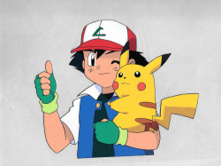 pokescans:  Animation cel from the last episode of the Indigo League, as Ash is saying goodbye to Ritchie.