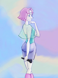 a drawing of pearl. i know she’s got grown up pearl proportions, but this pose (ref) needed to be of salty gay young pearli also tried a different coloring style and im not sure if i like it but here