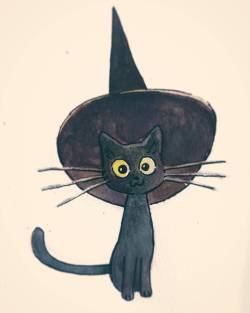 birdyhoodie:  Halloween is near so I drew a cat with a hat 🐱👒 • • • #CAT #HAT #Halloween #art #instagood #watercolor #inktober #inktober2016 #illustration #kitty 