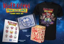 brokehorrorfan:  Fright-Rags has opened up a cotton candy cocoon full of Killer Klowns from Outer Space gear.  The Killer Klowns box set contains a T-shirt designed by Justin Osbourn, microwave popcorn, and cotton candy-scented scratch ‘n  sniff stickers,