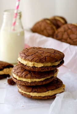 foodiebliss:  Brownie Cookie Sandwich With Peanut Butter FrostingSource: RecipeTin Eats