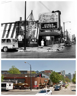 THEN And NOW..Vintage press photo (Top) dated from 1961 features a decidedly seedy view of the ‘French Quarters’ nightclub; located at the corner on W. Madison Street at N. May Street, in Chicago.. Though the basic structure of the building (Below)