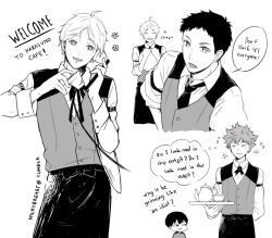 milkybreads:  Stress relief doodle. I’d go to karasuno cafe everyday just to flirt with waiter!Suga. 