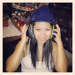 @jhane26 wearing my hard hat, testing out the ear muffs&hellip; Another excuse not to hear me  (at Jhane &amp; Slow&rsquo;s)