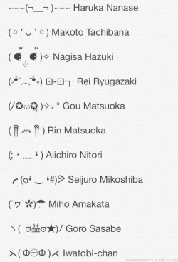 fencer-x:  behindinfinity:  Free!moji ~~~(¬＿¬ )~~~ Haruka Nanase (◦′ ᴗ ‵◦) Makoto Tachibana ( ⚈้̤͡ ˌ̫̮ ⚈้̤͡ )✧ Nagisa Hazuki (∘⁼̴⃙̀˘︷˘⁼̴⃙́∘) ⊡-⊡┐ Rei Ryugazaki (ﾉ✪௰✪ૢ )✧˖ ° Gou Matsuoka
