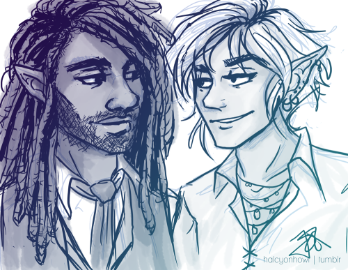 halcyonhowl: practicing some taakitz design ideas and they ended up making eyes at each other so here we are [image ID: A sketch of Taako and Kravitz from the Adventure Zone. Kravitz is a black half elf with his long dreads down wearing a shirt with tie