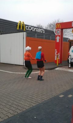 larrybutts:  9gag:  Mermaid Man and Barnacle Boy getting a krabby patty!  I must meet these people and befriend them immediately. 