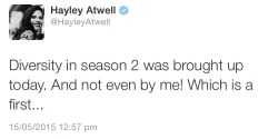 ratherembarrassing:  hayley atwell throwing some shade at her own show’s team