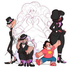 tryingmomentarily:  introduciiiiing the au I keep drawing gems in suits for……. mobsters!au ‘Garnet’, ‘Amethyst’ and Pearl’ served under ‘Rose Quartz’ (or Pink Diamond) in the Crystal Gems, one of the three factions of the most powerful