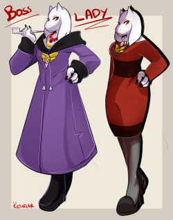 renrink:  My designs for the soriel mafia au, ut underboss ! At the top, you have her design when she was still the boss lady; then after she defects/leaves the gang, she ends up with Frisk, a child from the rival human gang whom she’s sworn to protect;