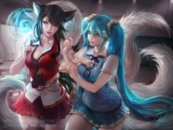 sakimichan:   ‎Ahri‬ ‪‎Sona‬  in school setting inspired by their original design, I struggled so  much with this piece @_@ but at least I also learned alot. PSD+high  res,steps,vidprocess etc&gt;https://www.patreon.com/posts/ahri-sona-school-5467132