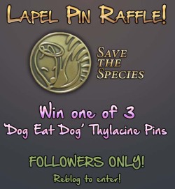 fauxlacine:Win a Dog Eat Dog lapel pinThis raffle is for followers only. If you enjoy my silly scribbles and stories, then reblog for the chance to win an in-universe die struck thylacine lapel pin from the ‘Save the Species’ initiative! Thankyou