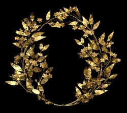 archaicwonder:  Greek Corinthian Gold Myrtle Wreath, 330-250 BC        In ancient Greece, wreaths made from plants like laurel, ivy, and myrtle  were awarded to athletes, soldiers, and royalty. Similar wreaths were  designed in gold and silver for