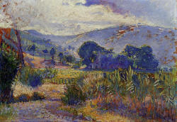 impressionism-art-blog:  Cabasson Landscape (study), 1899, Henri-Edmond CrossMedium: oil on panel