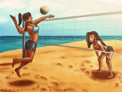k-y-h-u:  my half of a Korrasami collab with starbuckviper! (＾▽＾) the theme was summertime activities, so she came up with this volleyball! Korrasami scene awesome base sketch by starbuckviper~ inking &amp; coloring by me~  &lt;3 &lt;3 &lt;3
