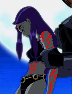 thenitewolf:  As Slade places the infamous inscriptions on Raven’s body in Birthmark, her clothes magically disintegrate until her leotard is essentially reduced to a ragged bikini. You could argue that perhaps the heat from the markings - I assume