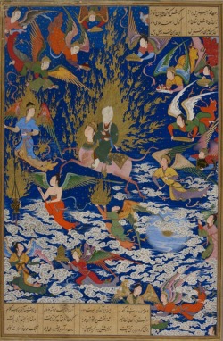 Sultan Muhammad (Persian, 1470-1555),  Mi'rāj (Ascent of Muhammad to Heaven), 1539-1543. Miniature from Nizami Ganjavi’s Khamsa (Five Poems), opaque watercolour and ink on paper, 28.7 x 18.6 cm; British Library, London  “Islam disapproves of all
