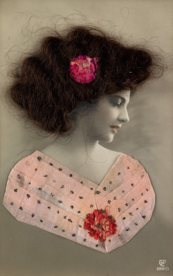 oracionessucias:  A French photo postcard, feauturing a pre-Raphaelite-like woman embellished with human hair, c. 1910s–40s 