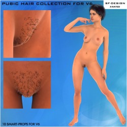 10 3D Pubic Hair Smart-Props for V6, with color options and included &ldquo;THICKNESS&rdquo; dial. http://www.renderotica.com/store/sku/48872_Pubic-Hair-Collection-for-V6