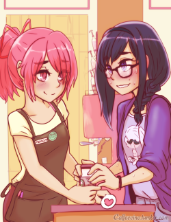 caffeccino:  Hipster Moemura is doing her best to impress barista Madoka, but she’s just a little too shy to be smooth! It’s okay because Madoka’s gotten quite the crush on her favorite regular~   Celebrating two years at a coffee shop!  Thanks