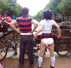 Me and my friend @littlerobbiee enjoyed our walk along the Amsterdam canals in matching clothes and matching underwear 