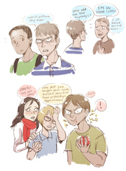 marcobutt:  shiiiiingeki:  middleschool au, the au that i can deeply relate with because of awkward haircuts, braces, pimples, and terrible fashions. jean has the worst genes ever: crooked teeth, acne, bad eyes. fortunately, he takes off his braces, gets