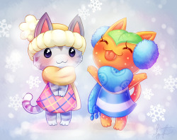 nevirra:  Snowflakes taste like rainbow sherbet! This started as a Tangy-only doodle, but she and Lolly live right next to each other in my town and are always together. This picture felt empty without my grey-stripey kitty &lt;3  …I really wish villagers