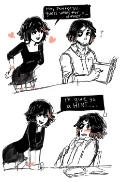 secretmusician23:  when Ryuko made food for Senketsu one time (based on http://spurkeht.tumblr.com/post/131601825310/actually-its-the-other-way-around)   I love babe’s cooking &lt;3 &lt;3 &lt;3