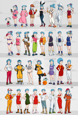 pulp-punk: I drew 32 versions of Bulma, all are costumes taken from Dragon Ball, Dragon Ball Z, Dragon Ball Super, and Jaco the Galactic Patrolman. I tried my best to put them in chronological order! These definitely aren’t ALL of Bulma’s outfits,