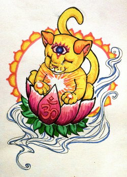 Enlightened Feline ~ Original Psychedelic Cat Illustration (Namaste Kitty Reaches Nirvana Opening His Third Eye Upon a Purple Lotus Afloat)