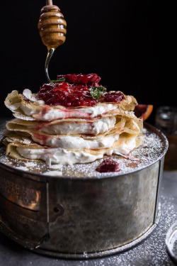 do-not-touch-my-food:  Coconut Honey Crepes with Whipped Mascarpone and Blood Orange Compote  
