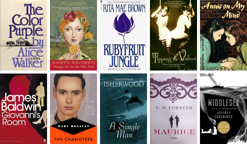 amerikate:    Lesbian/Bi:  The Color Purple by Alice Walker (1982)  Oranges Are Not the Only Fruit by Jeanette Winterson (1985)  Rubyfruit Jungle by Rita Mae Brown (1973)  Tipping the Velvet by Sarah Waters (1998)  Annie on My Mind by Nancy Garden (1982)