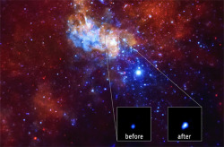 discoverynews:  Monster Black Hole Belches Record Flare The giant black hole at the center of the Milky Way galaxy recently spit out the largest X-ray flare ever seen in that region, astronomers say.