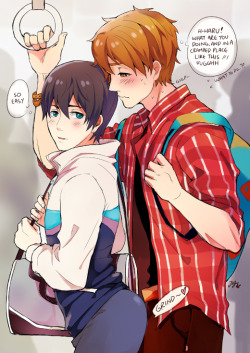 girlwiththewhiterabbit:  makoharu in tokyo morning rush hour! makoto was late for class because he had to rush home to change undies, poor boy i suppose that’s his cue to stay over at haru’s tonight~ 
