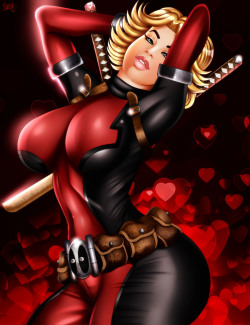 jassycoco:  Cupid Ain’t Got Nothing On Me… Roses are Red. Violets are blue. Happy V-Day from me to you. ;3Presenting Lady Deadpool comic book version! :D I want to see the movie, but you know, its V-Day and I hate people. ._.