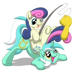 template93:~ Lending a Hand ~Bon Bon just messing around with Lyra. Based on the sake of being adorable, It was also drawn around the Fanon that Lyra is obsessed with hands. So, Bon Bon here is teasing Lyra with with a foam finger, of a human hand. And