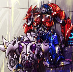 maelikki:  It’s done. :D Megs giving Optimus some much needed attention in the washracks, woo. 