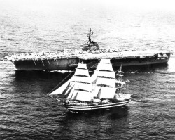 uss-edsall:While sailing in the Mediterranean sea, in 1962, the American aircraft carrier USS Independence (CV-62) flashed the Italian Amerigo Vespucci with light signal asking «Who are you?», the full rigged ship answered «Training ship Amerigo Vespucci,