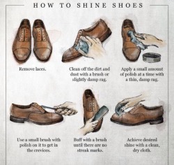 thetailoredgentleman:  Shining shoes might be one of the most important things one can do in order to care for their shoes. Not only does it improve it’s look, but it gives it longevity by caring for the leather. This post is just a little reminder.