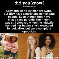 did-you-kno:Lucy and Maria Aylmer are twins, but they have a hard time convincing people. Even though they have mixed-race parents, their mom was still shocked when the midwife handed her babies she’d expetced to look alike, but were complete opposites.