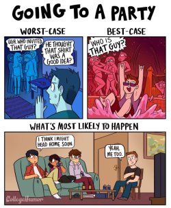 paperparachute:  castorochiaro:  pr1nceshawn:    Worst Case vs. Best Case Scenarios by Karina Farek.  This is a great joke, but it’s also a wonderful strategy for reducing anxiety that I learned about in therapy. If you’re ever nervous about something,